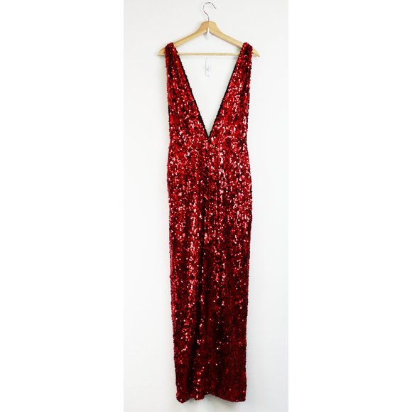 NBD Maeve Sequin Plunging Neck Maxi Slit Gown Red - Picture 6 of 8